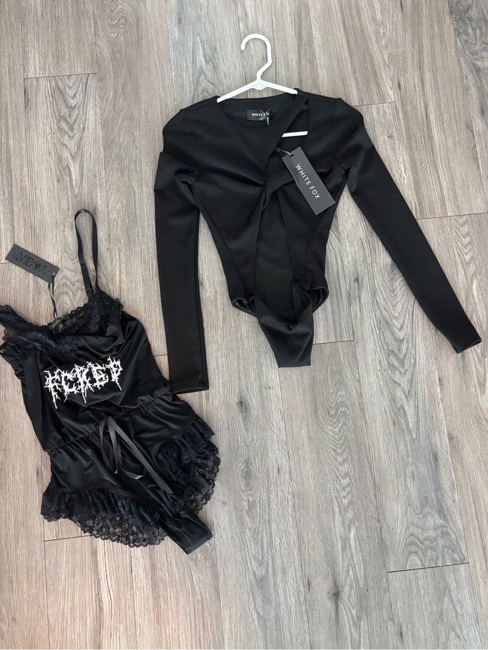 Dolls Kill F*cked Teddy Romper + White Fox Cut-out Bodysuit Black XS NWT